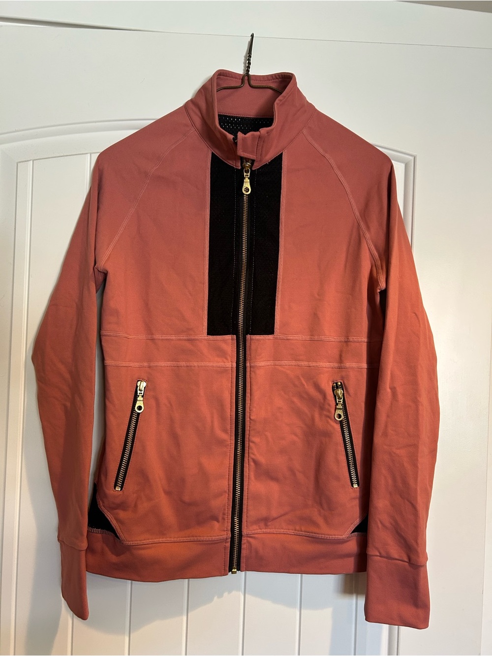 Coral Zip-Up Jacket with Black Contrast Panel